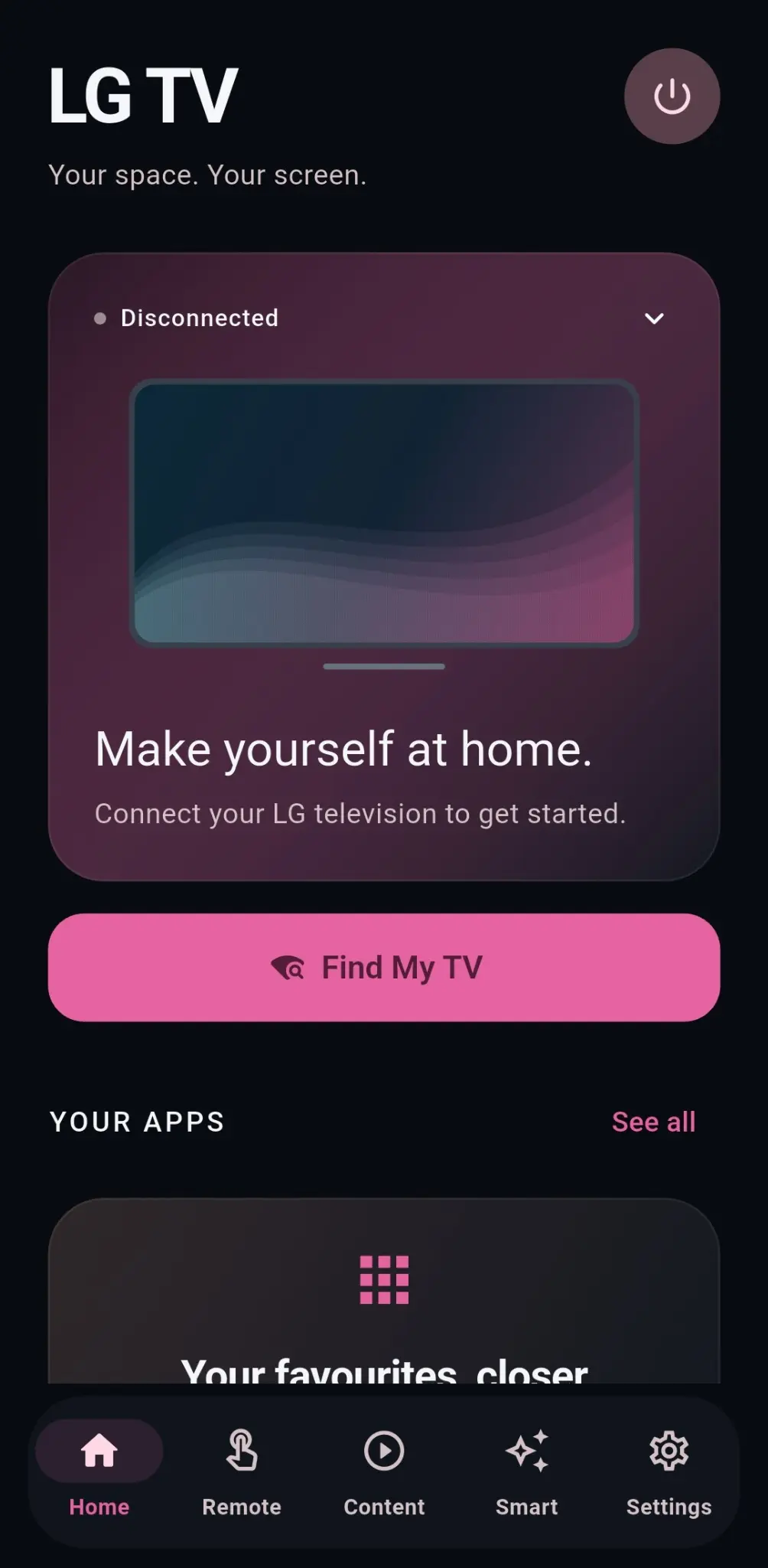 RiOSmart home screen showing television discovery and quick access to apps