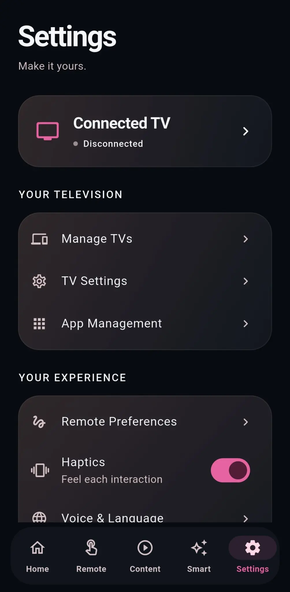 RiOSmart Settings screen